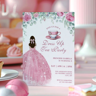 Invitación Princess Tea Party Pink Faux Sparkle Dress Up