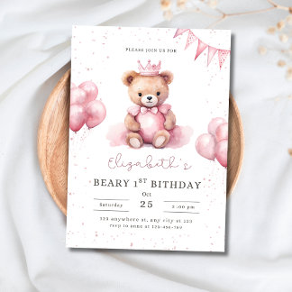 Invitación Princess Teddy Bear Beary 1st Birthday Pink Girls