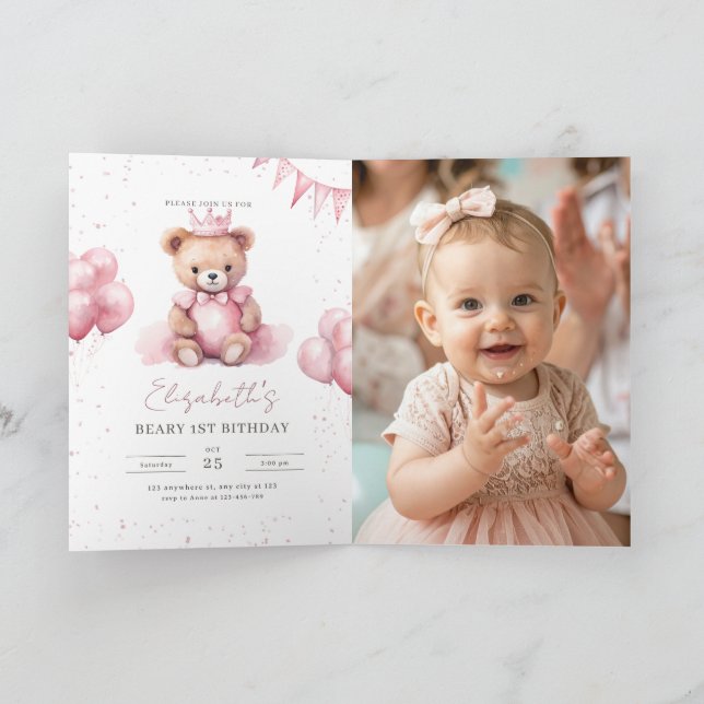 Invitación Princess Teddy Bear Beary 1st Birthday Pink Girls (Interior)