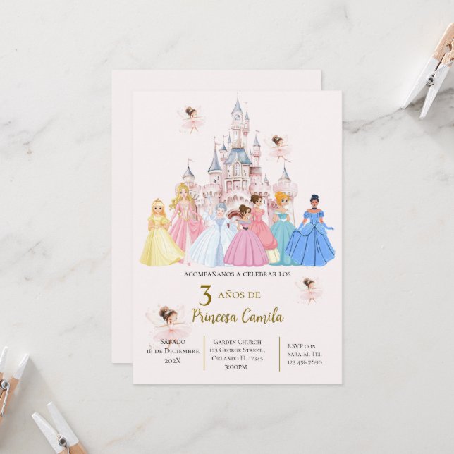 Invitación Princess Third Birthday Invitation at Her Castle (Anverso/Reverso In Situ)