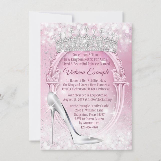 Invitación Princess Tiara Glass Shoe Cinderella Quinceanera (Anverso)