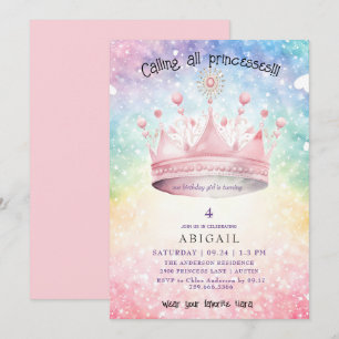 Invitación Princess Tiara Rosa Colorido Cumpleaños de Niña 2