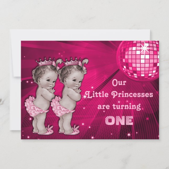 Invitación Princess Twins Pink Disco Ball Primer cumpleaños (Anverso)