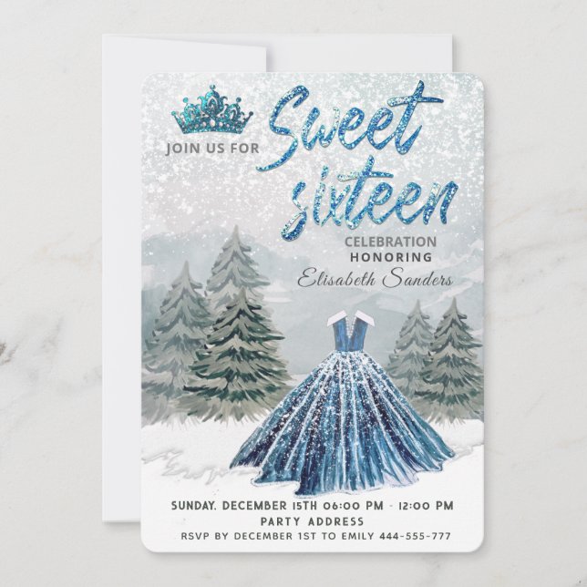 Invitación Princess Watercolor invierno wonderland dulce 16 (Anverso)