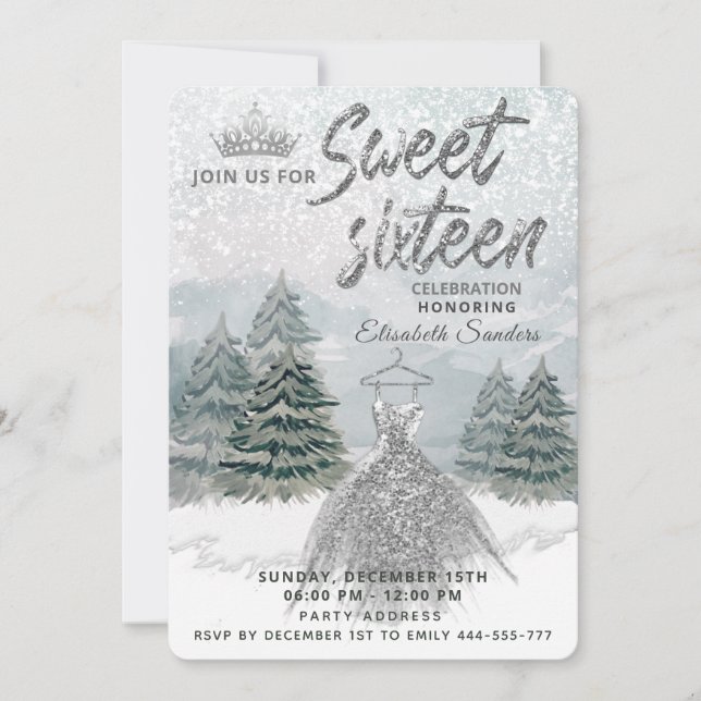 Invitación Princess Watercolor invierno wonderland dulce 16 (Anverso)