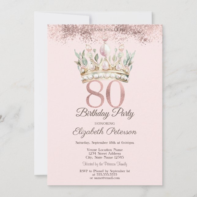 Invitación Princess Watercor Crown Floral 80 cumpleaños (Anverso)