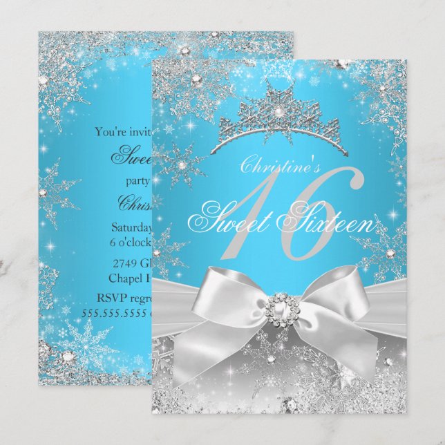 Invitación Princess Winter Wonderland Blue Sweet 16 (Anverso / Reverso)