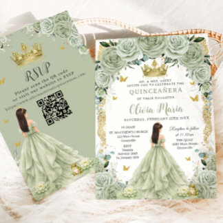 Invitación Princess y Rana Verde Sage Floral Quinceañera QR