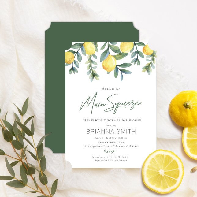 Invitación principal de la ducha de la novia limón (Main Squeeze elegant citrus lemon bridal shower invitations with green back side )