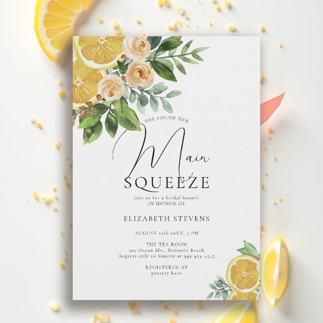 Invitación Principal Naranja quemado de hielo acuarela ducha  (main squeeze bridal shower lemon italian theme floral watercolor invitation summer brunch)