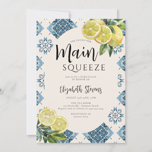 Invitación Principal Squeeze Lemon Blue Tiles Citrus Bridal S (Anverso)