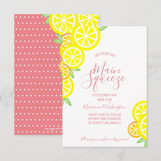 Invitación PRINCIPAL SQUEEZE verano limón BRIDAL DUCHA coral  (Anverso / Reverso)