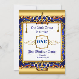 Invitación Príncipe 1ᵉʳ cumpleaños Oro Ornato Azul