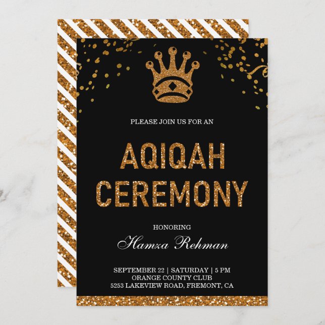 Invitación Príncipe Aqiqah de la Corona Real de Oro Negro (Anverso / Reverso)