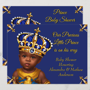 Invitación Príncipe Azul Real Niño Baby Shower Oro Étnico