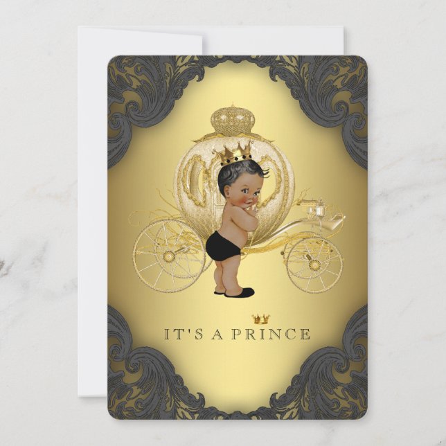 Invitación Príncipe Baby Shower de la etnia negra y del oro (Anverso)