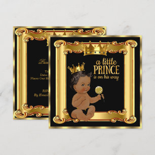 Invitación Príncipe Baby Shower Dorado Falso Hoja Negro Étnic