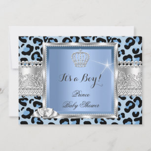 Invitación Príncipe Baby Shower Niño Azul Gris Leopardo