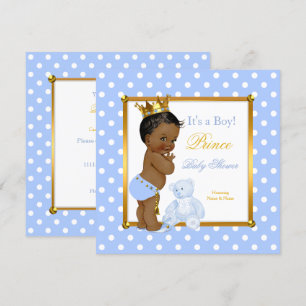 Invitación Príncipe Baby Shower Niño Azul Lunares Étnico