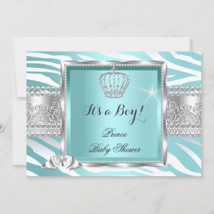 Invitación Príncipe Baby Shower Niño Azul Teal Menta Cebra