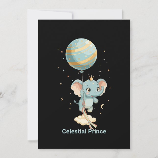 Invitación Príncipe Celestial Lindo Elefante Globo Estrellas  (Anverso)