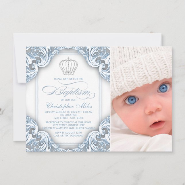 Invitación Príncipe Corona Azul Bebé Bautizo (Anverso)