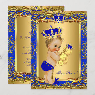 Invitación Príncipe Corona Azul Real Baby Shower Oso Rubia