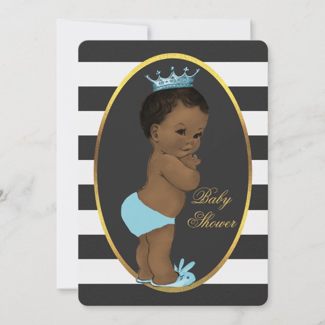 Invitación Príncipe de etnia negra franjas blancas Baby Showe (Anverso)