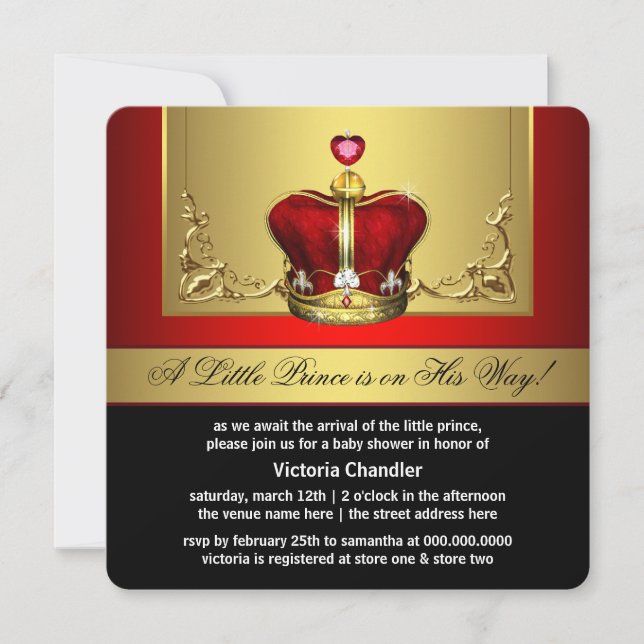 Invitación Príncipe de la Corona de Oro Rojo Baby Shower (Anverso)