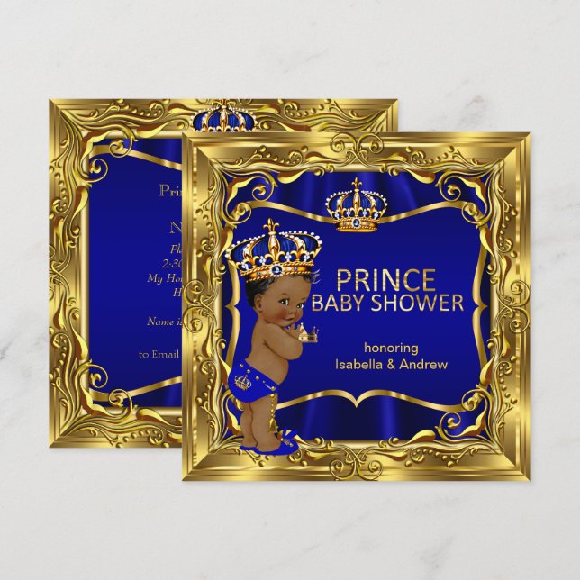 Invitación Príncipe de la etnia Baby Shower Boy Ornate Azul O (Anverso / Reverso)
