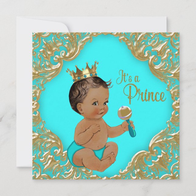 Invitación Príncipe de la etnia del oro azul turquesa Baby Sh (Anverso)