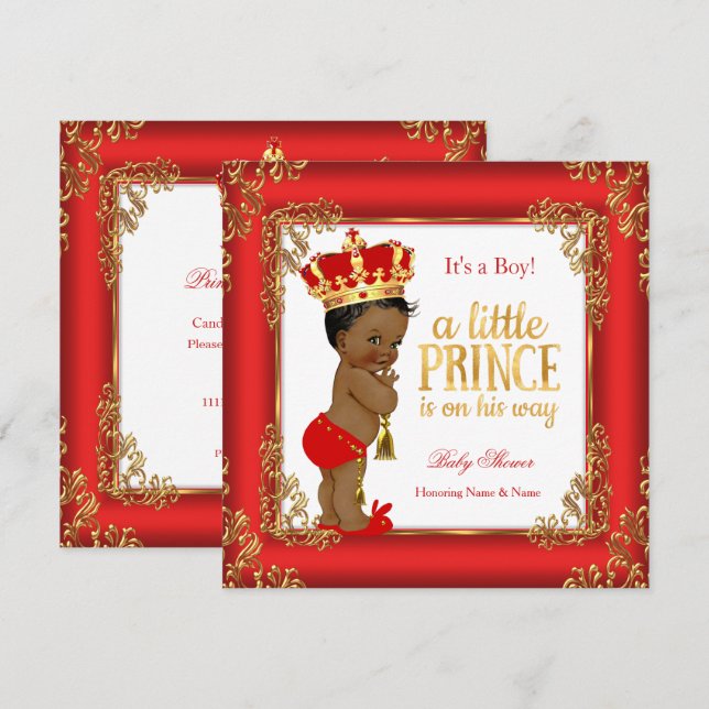 Invitación Príncipe de oro rojo Baby Shower Damask (Anverso / Reverso)
