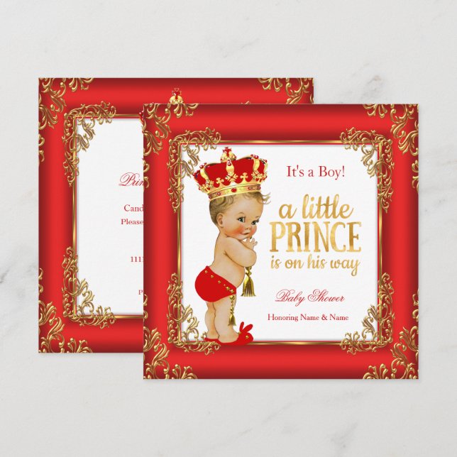 Invitación Príncipe de oro rojo Baby Shower Damask Blona Boy (Anverso / Reverso)