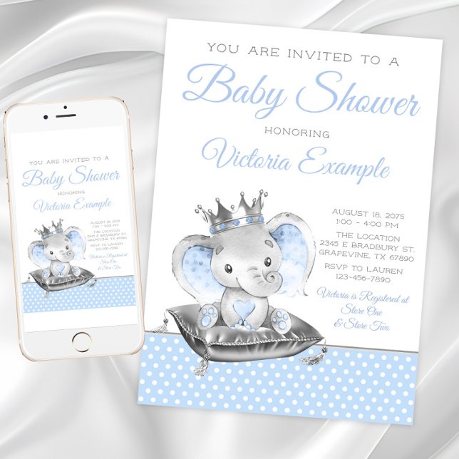 Invitación Príncipe elefante niño Ducha de bebé elefante (Boy Elephant Baby Shower Invitation. Instant download and printed invitations available.)