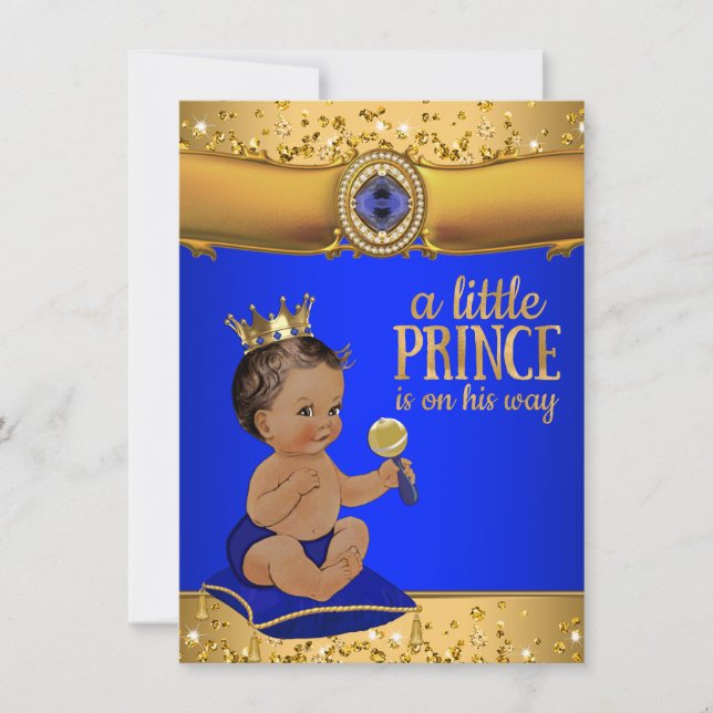 Invitación Príncipe Étnico Royal Azul Dorado Baby Shower Prín (Anverso)
