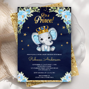 Invitación Príncipe Floral Lindo Elefante Azul Marino Baby Sh