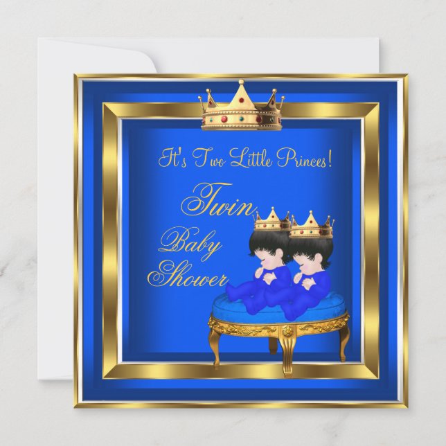 Invitación Príncipe gemelo Baby Shower Blue Gold Boy Crown 3a (Anverso)