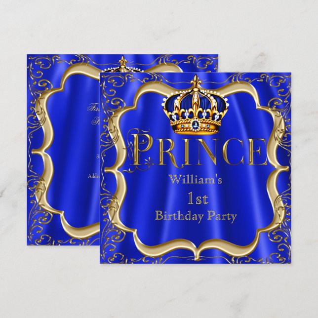 Invitación Príncipe Niño Cumpleaños 1er Cumpleaños Azul Real  (Anverso / Reverso)