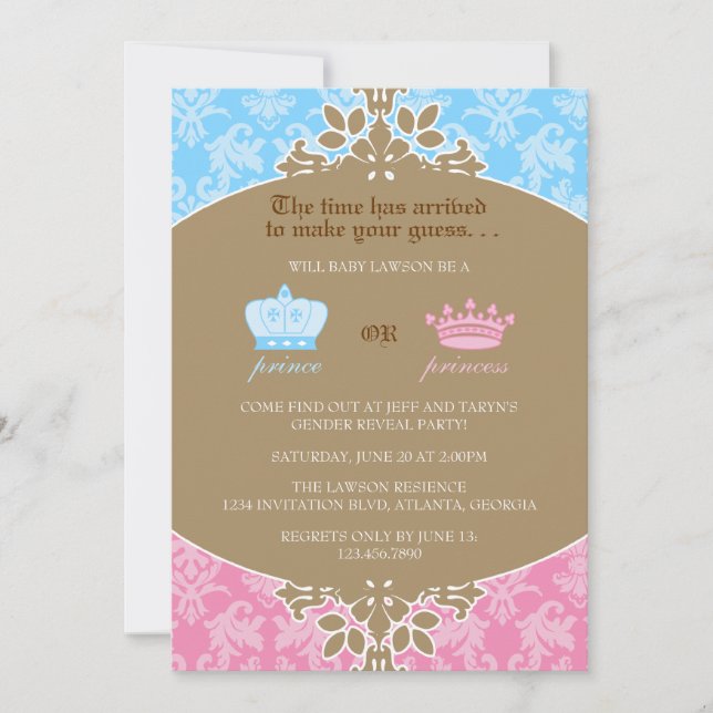 Invitación Príncipe o princesa Damask Gender Reveal Party (Anverso)
