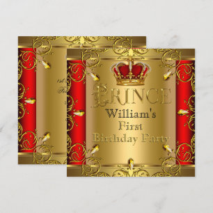 Invitación Príncipe Primero cumpleaños 1º Niño Corona Roja Do