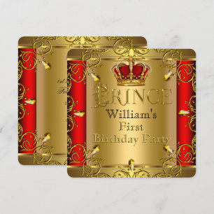 Invitación Príncipe Primero Cumpleaños 1er Niño Rojo Corona D
