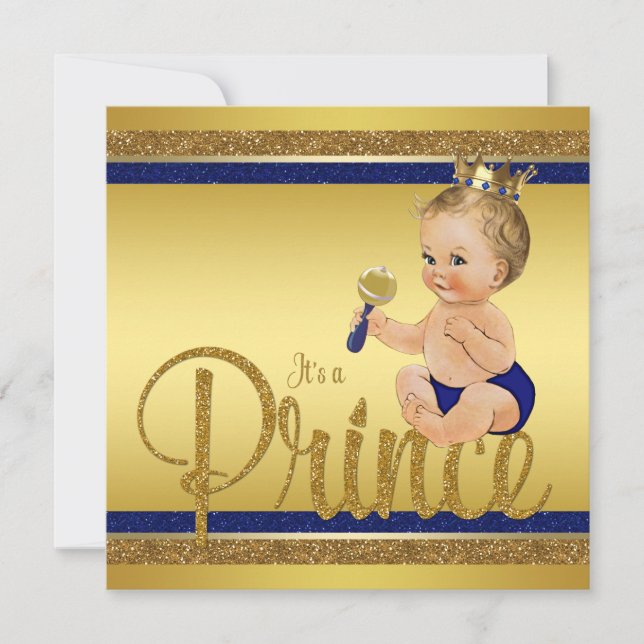 Invitación Príncipe Purpurina de oro azul real Baby Shower (Anverso)