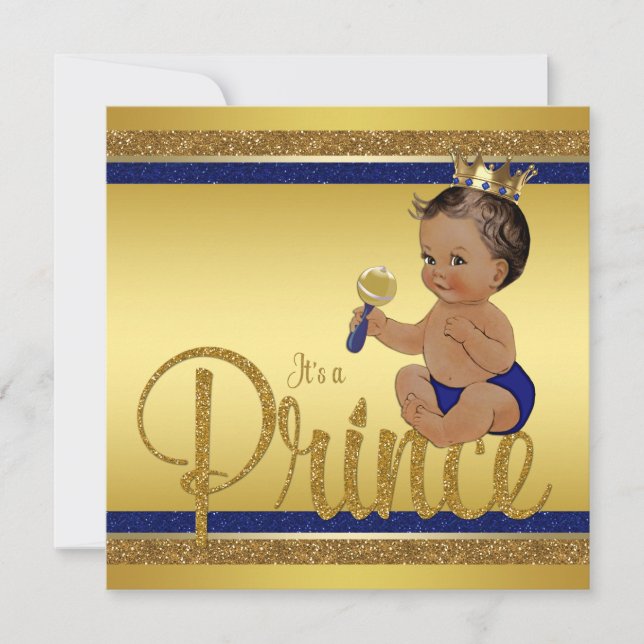 Invitación Príncipe Purpurina de oro azul real Baby Shower (Anverso)