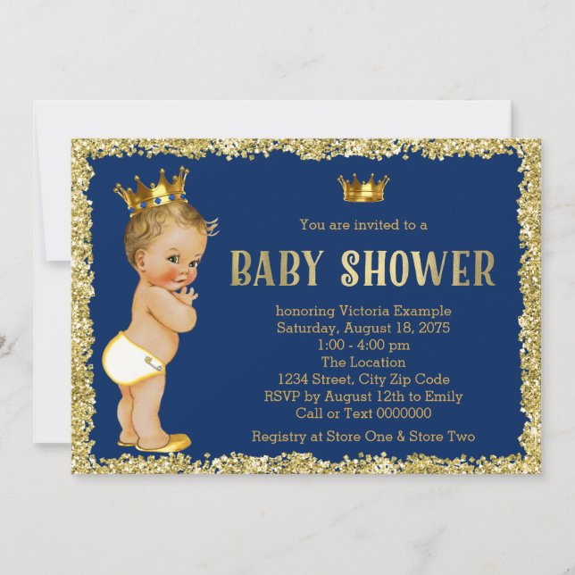 Invitación Príncipe Purpurina de oro azul real Baby Shower (Anverso)