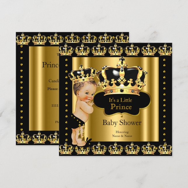 Invitación Príncipe Real Baby Shower Black Gold Crown (Anverso / Reverso)