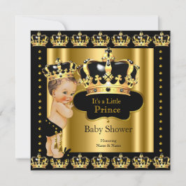 Invitación Príncipe Real Baby Shower Black Gold Crown
