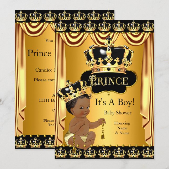 Invitación Príncipe Real Baby Shower Black Gold Etnia Boy (Anverso / Reverso)