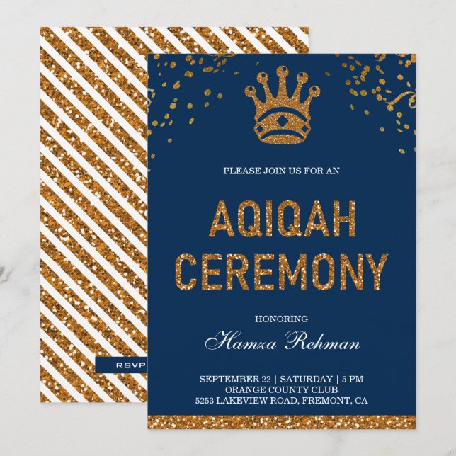 Invitación Príncipe Real Corona de Oro Azul Aqiqah (Anverso / Reverso)