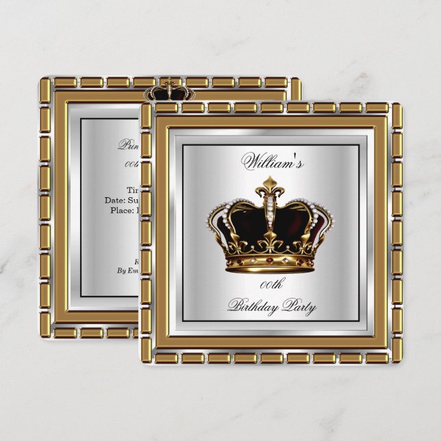 Invitación Príncipe Real Rey Corona Cumpleaños Fiesta de Oro  (Anverso / Reverso)