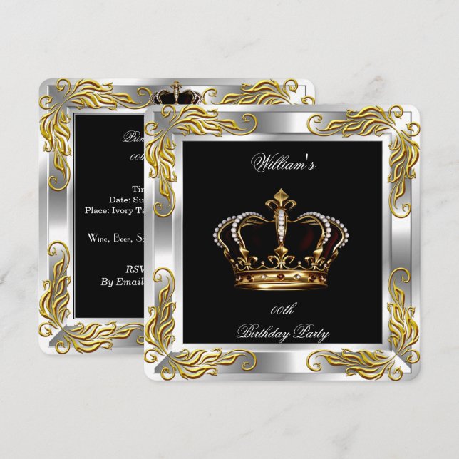 Invitación Príncipe Rey Hombres Cumpleaños Negro Plata (Anverso / Reverso)